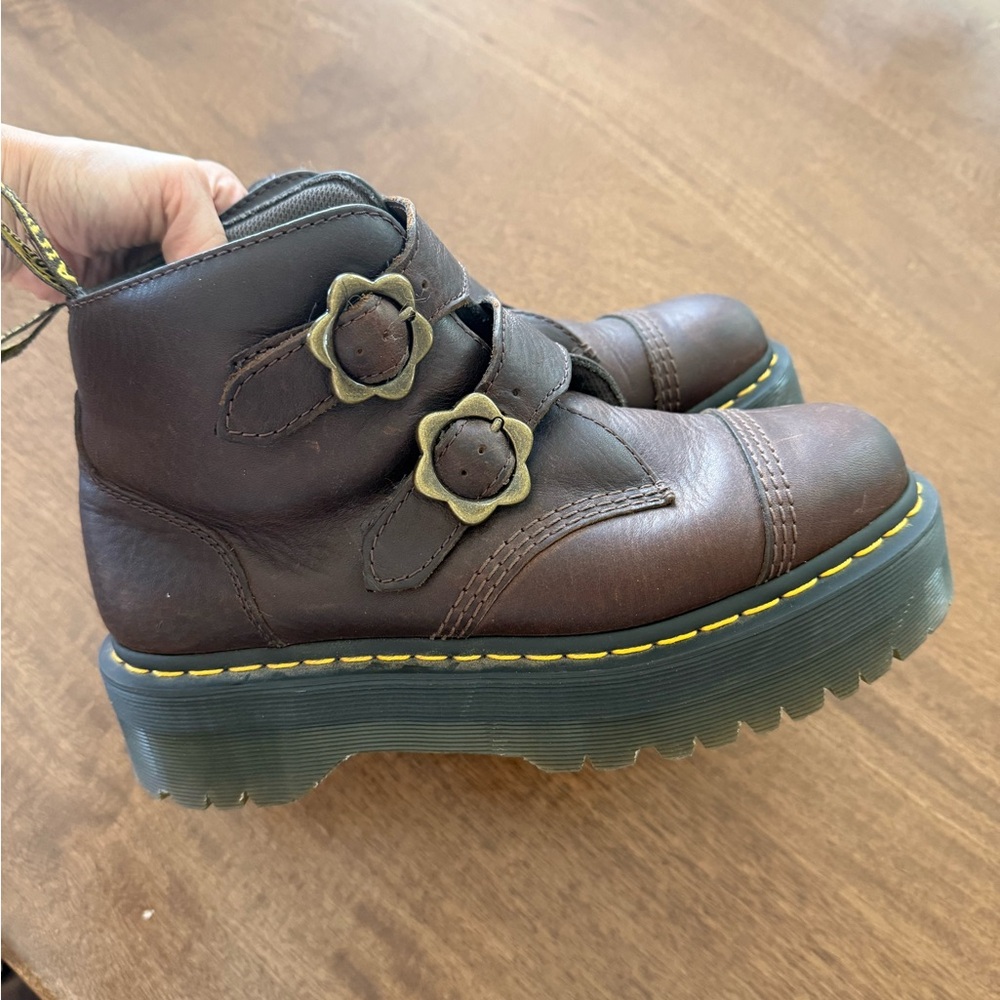 Dr. Martens Dark Brown Leather Platform Flower Buckle Ankle Boots - Picture 5 of 6